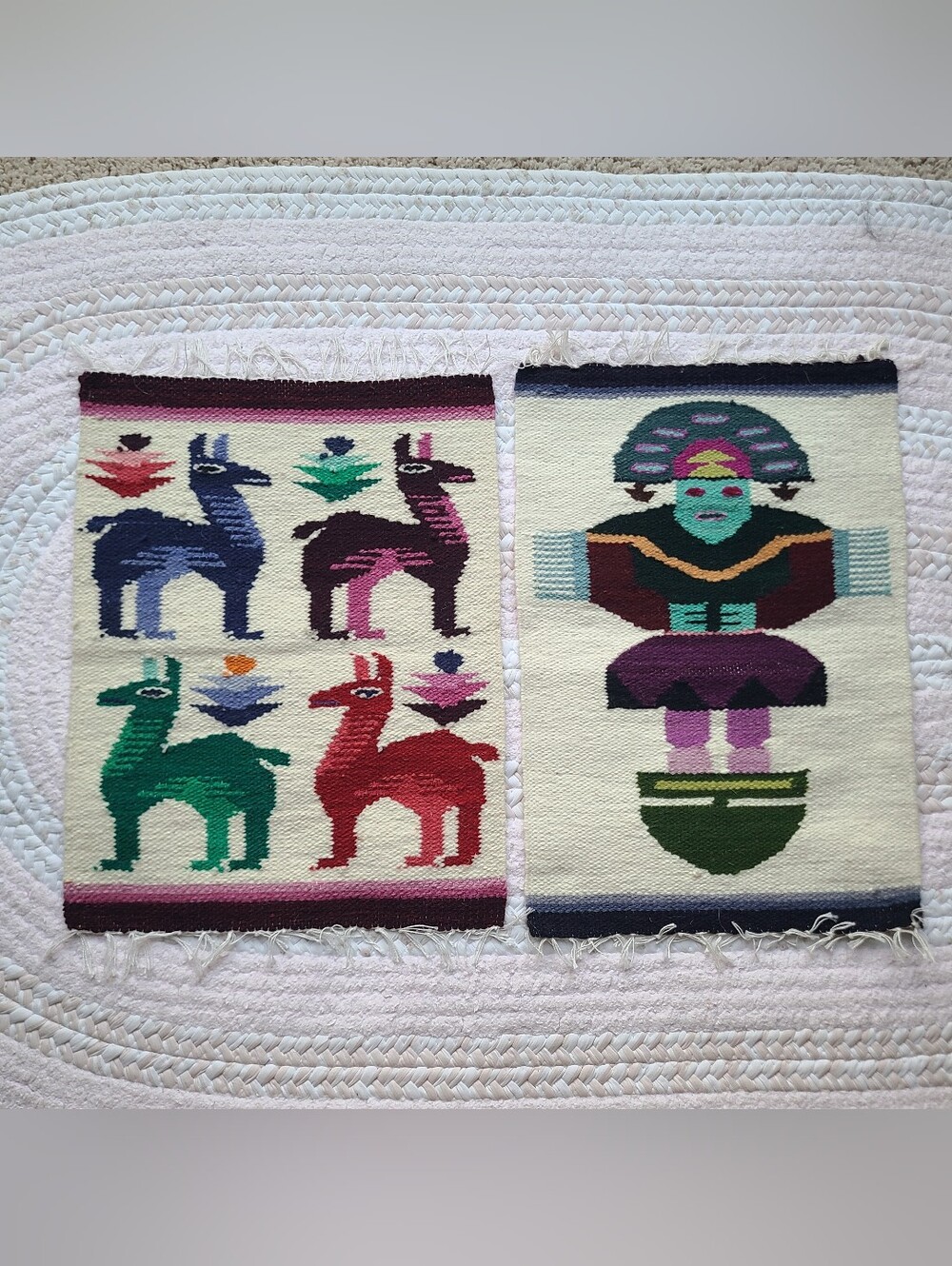 Peruvian colorful handwoven wool wall hangings Llama Tumi Peru Ecuador Set Of 2